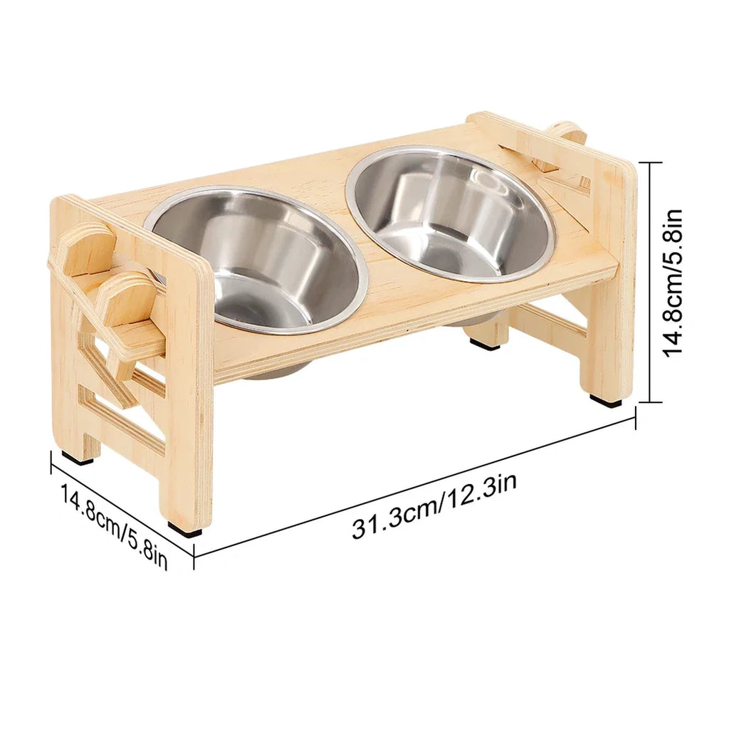 Wooden-Style Adjustable Raised Pet Bowl Stand with Two Metal Bowls
