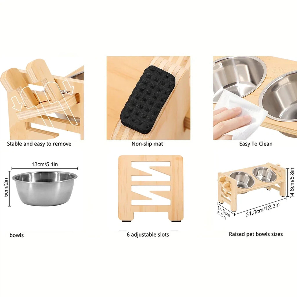 Wooden-Style Adjustable Raised Pet Bowl Stand with Two Metal Bowls
