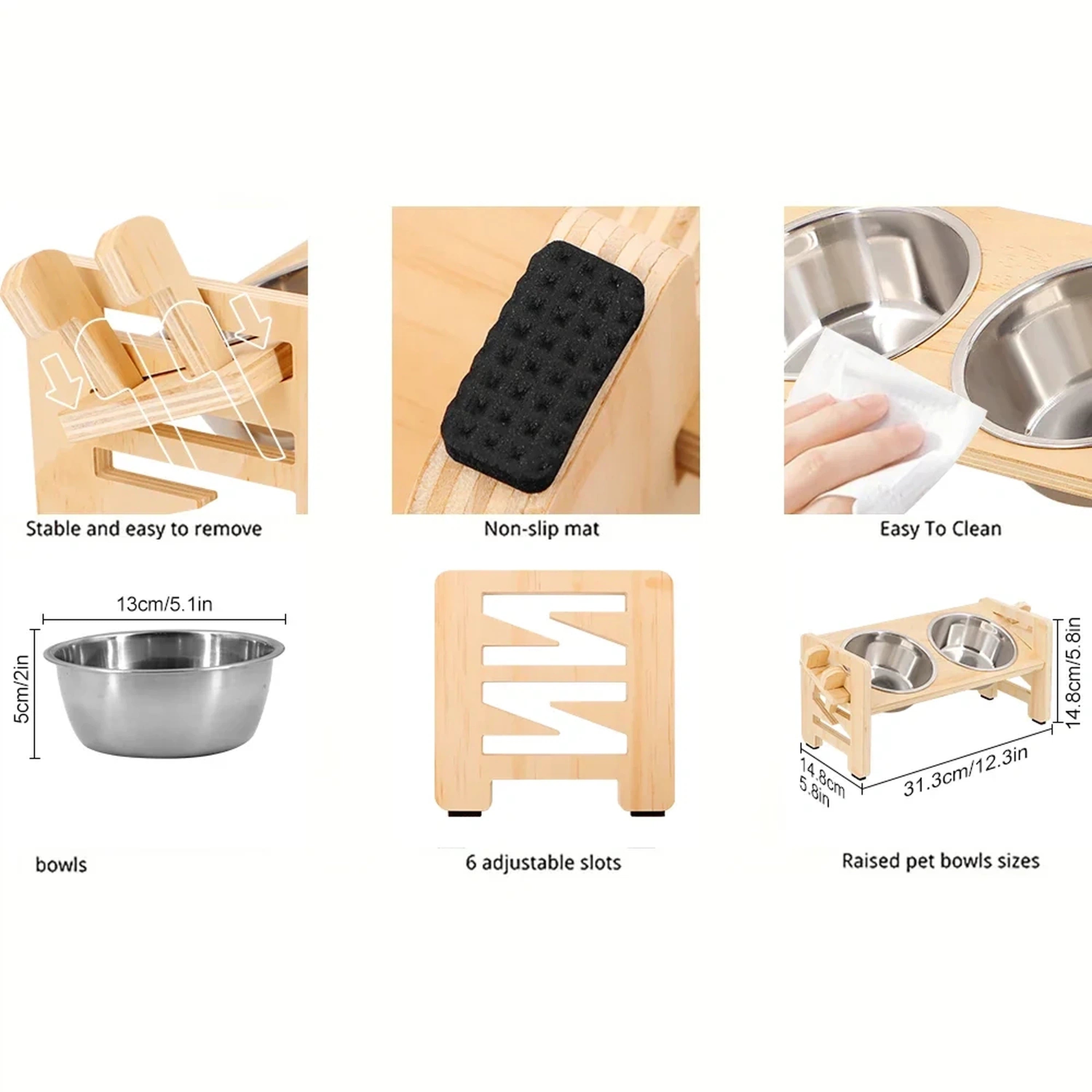 Wooden-Style Adjustable Raised Pet Bowl Stand with Two Metal Bowls