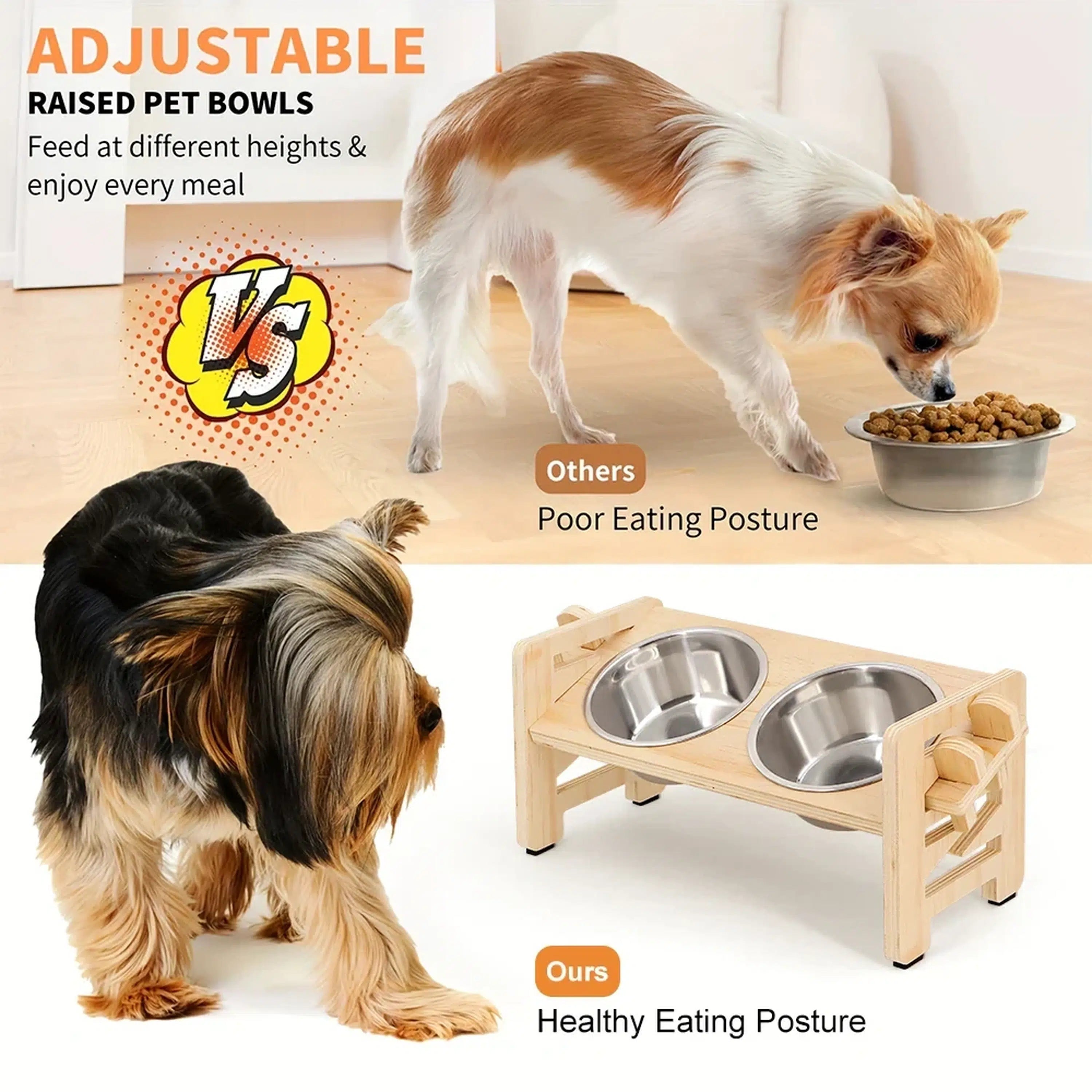 Wooden-Style Adjustable Raised Pet Bowl Stand with Two Metal Bowls
