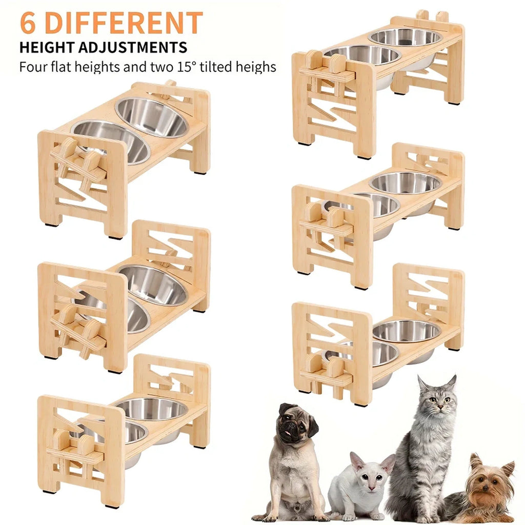 Wooden-Style Adjustable Raised Pet Bowl Stand with Two Metal Bowls