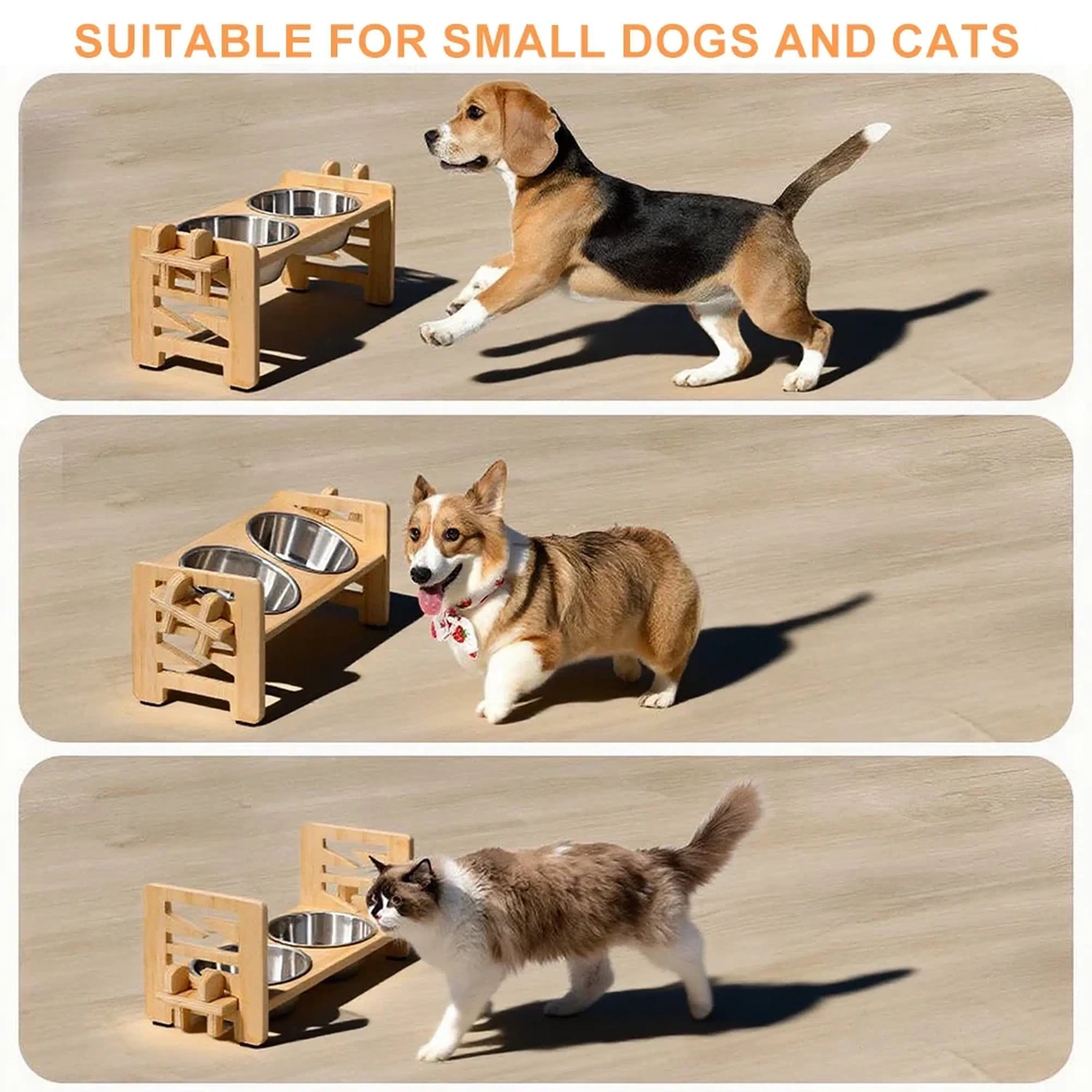 Wooden-Style Adjustable Raised Pet Bowl Stand with Two Metal Bowls