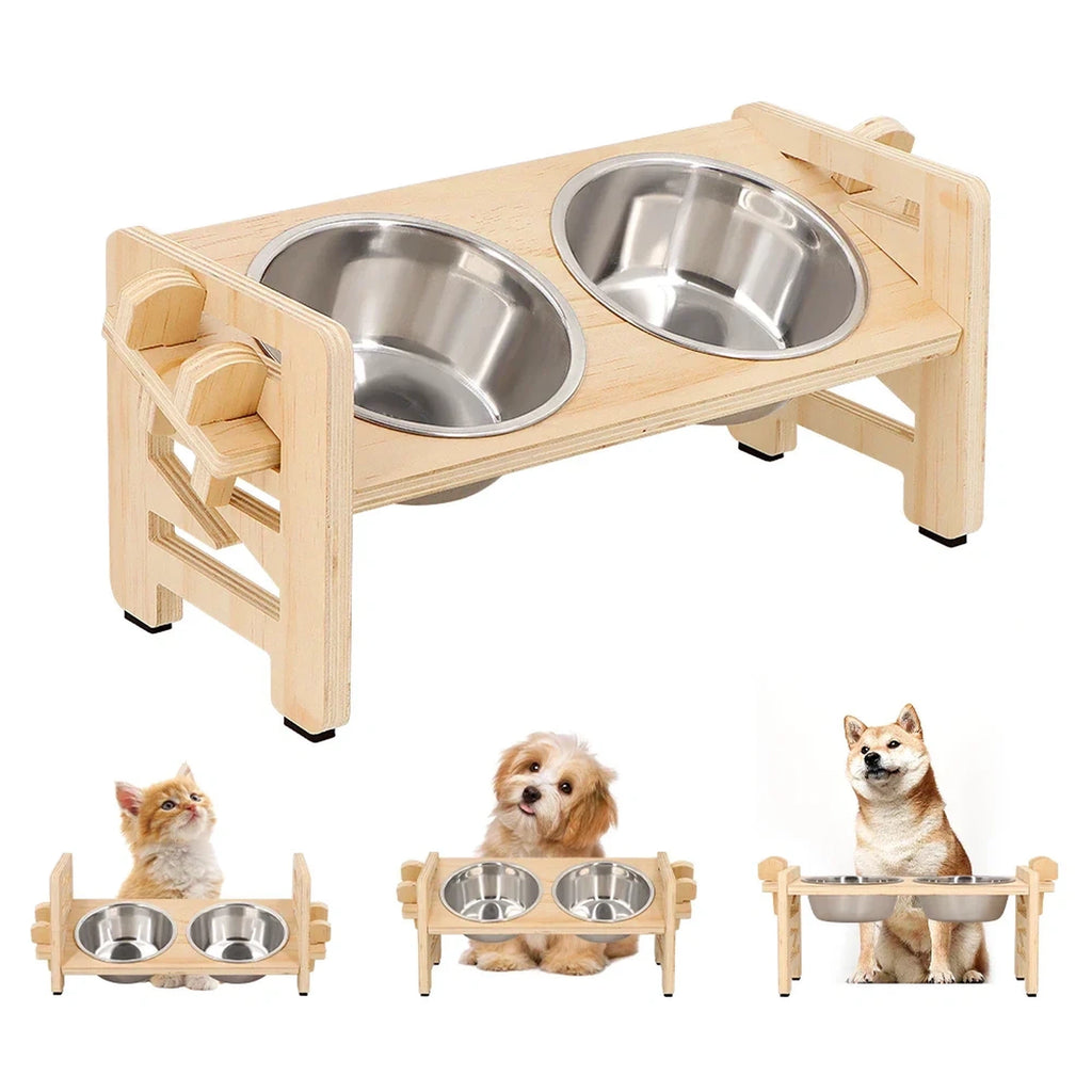 Wooden-Style Adjustable Raised Pet Bowl Stand with Two Metal Bowls