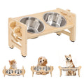 Wooden-Style Adjustable Raised Pet Bowl Stand with Two Metal Bowls